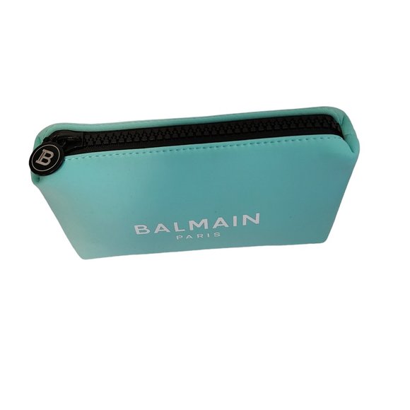 Balmain Paris Cosmetic Bag Turquoise Blue Neoprene Padded Logo Zipper New - Picture 4 of 13